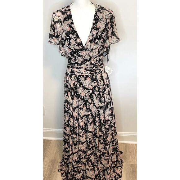 Mac Duggal Floral Print Flutter Sleeve A Line Dress Gown Black 11266 Size 6 New - Picture 3 of 16
